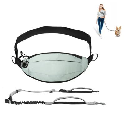 Hands Free Dog Leash With Pouch, Reflective Crossbody Waist Pouch, Adjustable Dog Leash 3.6-6.5ft With Detachable Car Buckle,Adjustable Waist Blet 31.5-47.2" For Dog Walking (Grey)