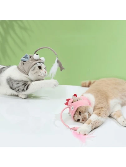 1pc Gray Cat Hat With Feather & Durable Chew Stick, Cat Teaser Wand Interactive Toy, Suitable For All Seasons, Encourages Cat Exercise And Entertainment (Style Randomly Sent)