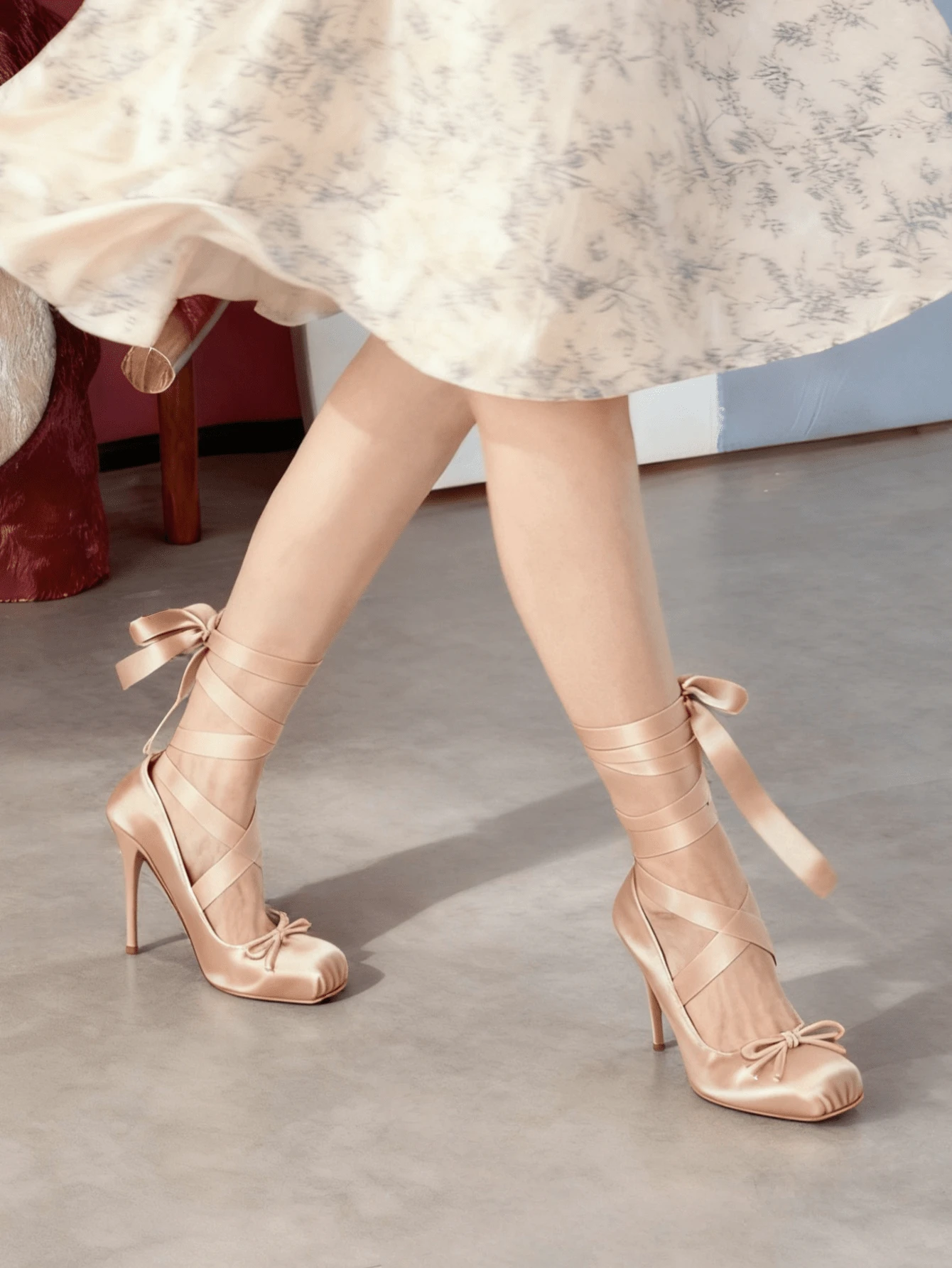 Ballet Mary Janes High Heels For Women Square Toe Satin Lace Up Ballerina Stiletto Heels With Bow Elegant Wedding Party Pump Heels For Women  - 1 khỏa thân - Xem 1