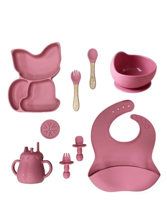 1件/2件/9件套硅胶婴儿喂养必备套装 - 狐狸卡通分隔盘、吸盘碗、叉勺、婴儿围兜、婴儿奶瓶/吸管杯 | 可放入洗碗机和微波炉 | 适合6个月以上婴儿
