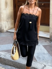Women Y2k Floral Lace Trim Satin Camisole Top Spaghetti Strap Square Neck Side Split Silk Cami Tank Tops Summer Sleeveless Loose Fit Vest Shirts Cute Elegant Party Club Going Out Tops Sexy Coquette Clothes Streetwear Lounge Sleepwear Layering Top - 黑色 - 查看 5
