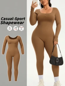 1pc Women Plus Size Seamless Slimming Waist Shaper Bodysuit, Long Sleeve & Pants, Thermal Insulation Summer - Brown - View 4