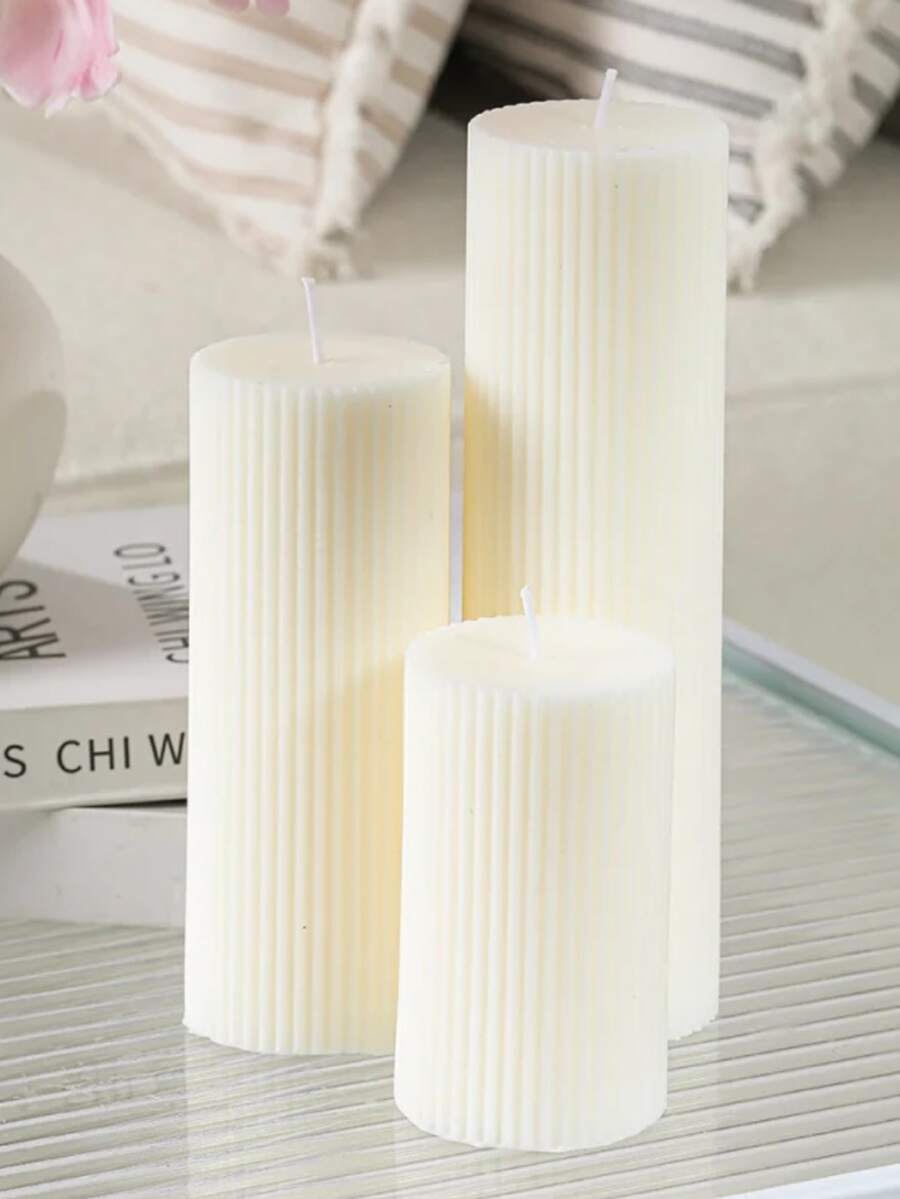 1pc(Large: 20x5cm / 7.87x1.96in)(Medium: 15x5cm / 5.90x1.96in)(Small: 10x5cm / 3.93x2.1.96in) Handmade Elegant White Scented Soy Wax Cylindrical Ribbed Candle. Great For Study, Bath, Desk, Or Room Decor. Stunning Lit Or Unlit, Perfect For Winter, Festivals, And Holidays. Ideal Birthday, Housewarming Gift, Souvenir For Besties And Women. A Must - Have For Premium Candle Sets, Offering Aromatherapy And Home Decor Charm - Multicolor - View 1