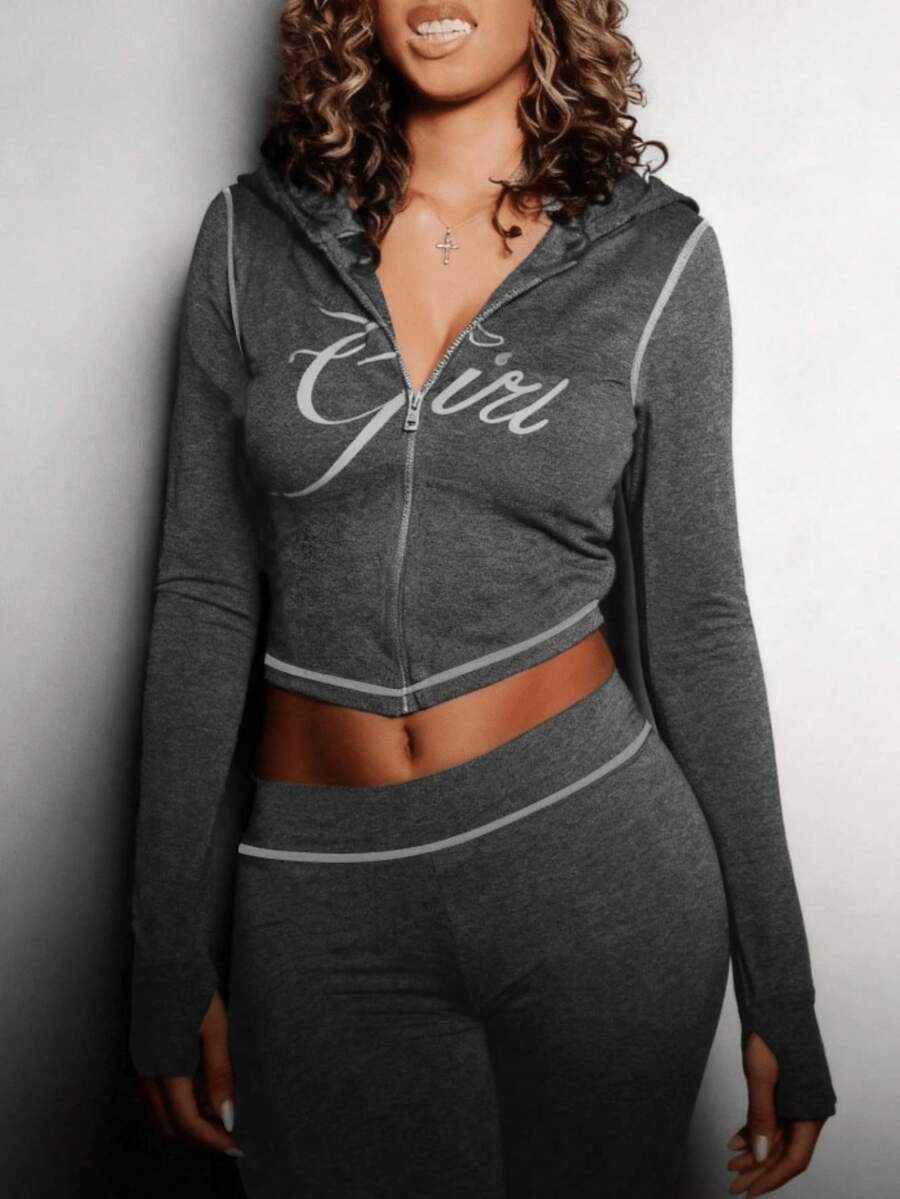 Bộ áo liền quần dài tay có khóa kéo in họa tiết ngày Valentine dành cho nữ của Fall Street Lounge, kiểu dáng thường ngày, gồm 2 mảnh. - Màu xám đen - Xem 1