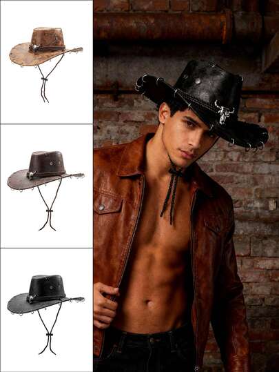 1pc Unisex Solid Color PU Leather Cowboy Hat, Unique 3D Metal Bull Decor Sun Protection Wide Brim Hat, New Vintage Cyberpunk Stylish Cool Novelty Punk Style Adjustable Strap, Street Fashion Looks, Gift For Men, Suitable For Parties, Western Themed Events, Gatherings, Cosplay, Graduation Ceremonies, Masquerade Balls, Festivals, Birthday Celebrations, Music Festivals, Hiking