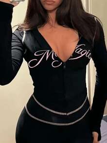 Fall Street Lounge 女士情人节印花拉链上衣和裤子套装，长袖休闲两件套，黑色，春季款 - 黑色 - 查看 3