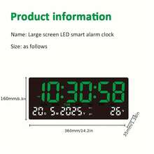 14.17 Inches Long, 6.3 Inches Wide, 1.38 Inches High, LED HD Large Screen Smart Electronic Clock, Multifunctional Desk Clock For Home, Office, Student, Displaying Time/Date/Week/Temperature On The Same Screen - Multicolor - View 3