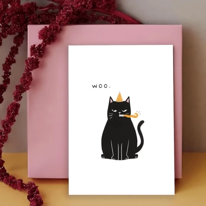 1张趣味猫咪生日贺卡 - “呜呜”生气猫咪戴派对帽 - 送给爱猫人士的趣味生日贺卡 - 宠物生日派对趣味装饰 - 送给猫主人的趣味礼物 - 送给女性、男性、姐妹、兄弟、朋友的趣味生日贺卡 - 可爱的猫咪爱心贺卡