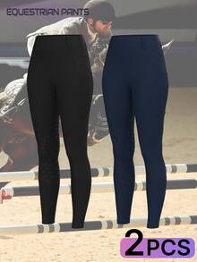 2条装女士高腰塑身提臀马术裤，硅胶防滑设计，带口袋，弹力面料，速干透气，适合骑马、牧场骑行、马术运动 - 藏蓝色 - 查看 5