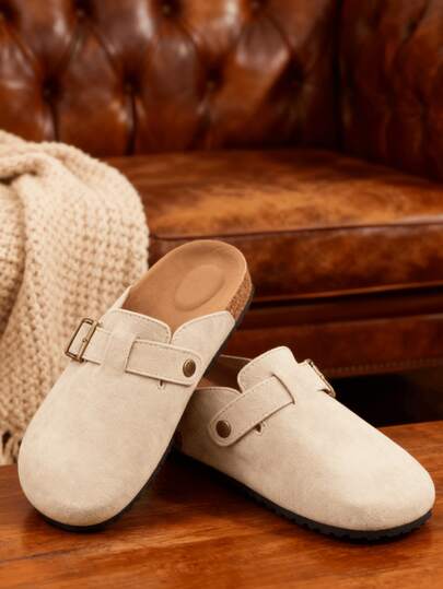 1 Đôi dép xỏ ngón giả da lộn thoải mái có khóa kim loại, đế đệm mềm, dép xỏ ngón đế thấp mũi tròn thông thường, thích hợp để mang hàng ngày