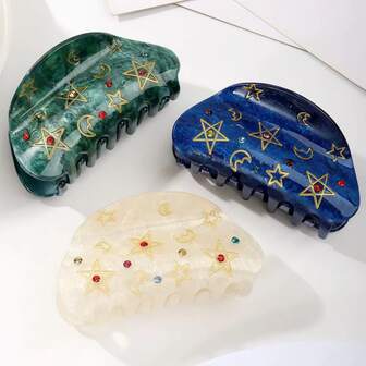 1PC Cute Acrylic Semi-Circle Moon & Star Carved Gold Line Hair Clips, Suitable For Women Daily And Ramadan Wear