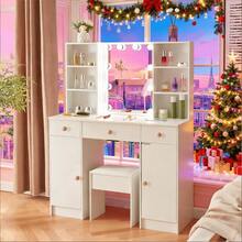 Large Dressing Table W/ 10 LED Lighted Mirror Lady Vanity Makeup Desk Stool Set - White - View 4