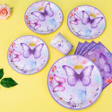 一套紫色蝴蝶皇冠生日快乐一次性餐盘、餐巾纸、杯子、桌布和横幅，生日主题一次性派对用品套装，适合25位客人，一次性纸盘派对餐具，适用于生日、婚礼、主题派对、家庭野餐