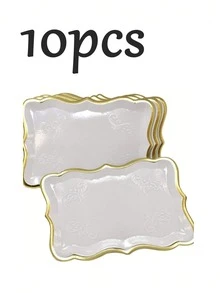 20/10/5pcs 9" X 13" Elegant Gold Rimmed Rectangular Paper Plates, Suitable For Dessert Display, Dining Table Party, Cupcake Display, Birthday Party, Wedding, Bridal Shower, Picnic, Everyday Home Use - Multicolor - View 20