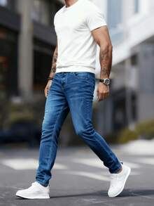 DG XUNLIN MODA 2025Ropa masculina de Nueva calidad, pantalones vaqueros de Negocios de tubo elástico, ropa masculina, azul oscuro lavado con agua, azul medio, azul claro, tubo  de cintura media casual, artesanía de corte de cuchillo, viajes de Negocios diarios, reuniones, viajes necesarios, se puede usar en todas las estaciones - Azul - Ver 4