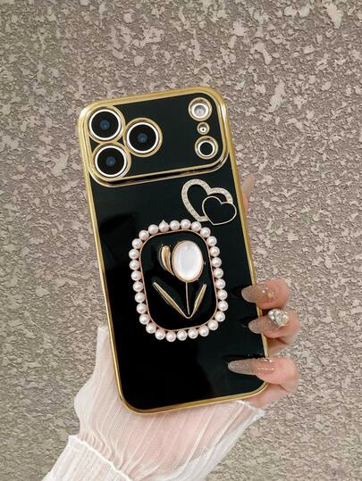 Exquisite & Unique Design, Black/Purple Rhinestone Double Heart & Faux Pearl Tulip Stand Decor Gold Edged Electroplated Phone Case, Luxurious French Romantic Style, Anti-Shock Anti-Slip - Fit Compatible With Apple 17/17 Air/17 Pro/17 Pro Max,16/15/14/13/12/11/Pro/Pro Max/Plus, S20-S26/Ultra/FE/Plus/Ultra, Redmi, - Impact Protection - Gift For Friends, Birthday, Holiday, Bestie