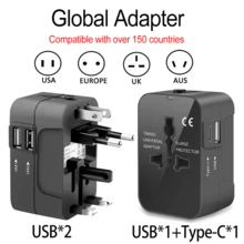 1 个通用旅行适配器，带 2 个 USB 端口，适用于 150 多个国家/地区，一体式壁式充电器，双 USB 端口，110V-240V 输入，适用于电脑配件的电源适配器，美国/欧盟/英国/澳大利亚插头，电涌保护，非常适合商务旅行、旅行、手机、电脑、平板电脑、笔记本电脑 - 查看 6