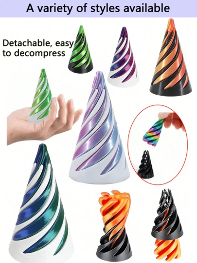 多尺寸可翻转螺旋锥3D打印减压玩具，双面3D打印螺旋锥 - 彩色渐变结构，金属纤维结构，减压玩具，感官玩具，3D打印螺旋锥圣诞树装饰品，塑料材质，适合节日家居和办公室桌面装饰、房间装饰、旅行必备