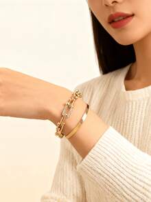 2pcs Minimalist Snake Bone Metal Bracelet Set, Hiphop Style U-Shaped Buckle With Rhinestones - 2-piece Set - View 1