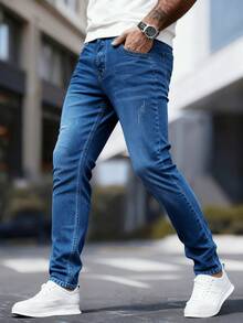 DG XUNLIN MODA 2025Ropa masculina de Nueva calidad, pantalones vaqueros de Negocios de tubo elástico, ropa masculina, azul oscuro lavado con agua, azul medio, azul claro, tubo  de cintura media casual, artesanía de corte de cuchillo, viajes de Negocios diarios, reuniones, viajes necesarios, se puede usar en todas las estaciones - Azul - Ver 6