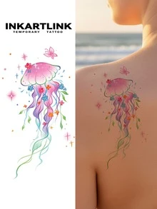 INKARTLINK INKARTINK 粉色花卉水母水彩纹身贴纸，逼真仿真临时纹身，防水2-5天，小众设计装饰贴纸 - 彩色 - 查看 2
