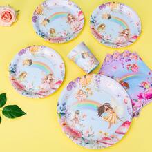 一套花仙子主题生日快乐一次性餐盘、餐巾纸、杯子、桌布和旗帜，生日主题一次性派对用品套装，适合25位客人，一次性纸盘派对餐具，适用于生日、婚礼、主题派对、家庭野餐