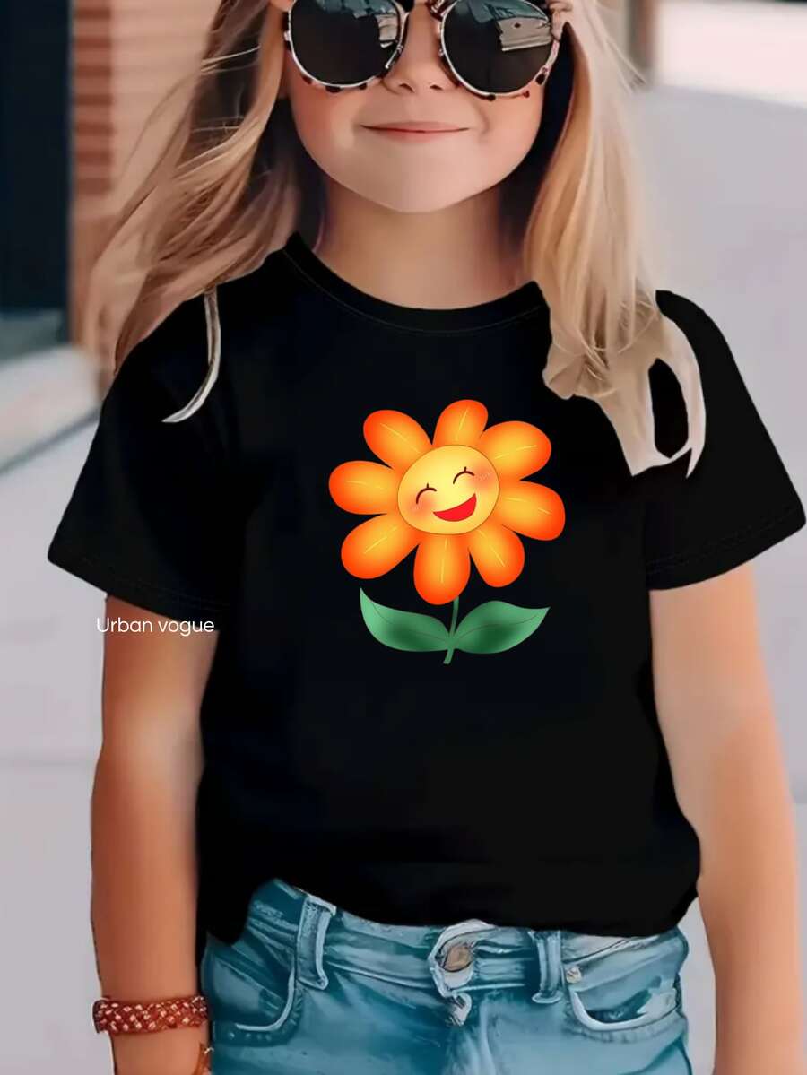 Girls' T-Shirt With Smiling Orange Flower, Size 5. - 黑色 - 查看 1