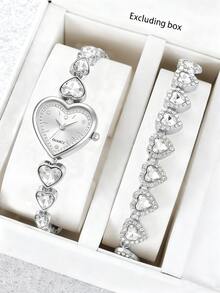 2pcs/Set Heart-Shaped Rhinestone Women's Watch, Unique Fashion Love Heart Quartz Watch With Bracelet - Multicolor - View 7