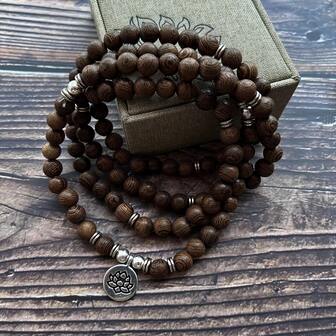 108-Bead Buddhist Prayer Mala Bracelet - 8mm Wenge Wood Handcrafted Multi-Layer Wrist Mala With Lotus Charm - Fashionable Vintage Unisex Jewelry Accessory