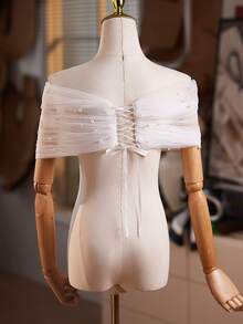 1pc Women's Double Layer Faux Pearl Tulle Bridal Shawl, Strapless Slim Fit Shawl Accessory, Adjustable Off Shoulder Versatile Faux Pearl Shawl