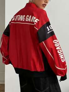 QIANZHIDU Casual Street Fashion Motorcycle Personalized English Letter Small Stand Collar Dropped Shoulder Loose Jacket Outerwear, Spring/Autumn - Multicolor - View 2