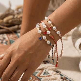 1PC Bohemian Copper Bead Bracelet, Single Sided Heart Bracelet, Faux Pearl Bracelet, Adjustable Colored Braided Rope Bracelet, Lucky Bracelet, Stackable Bracelet, Couple Bracelet, Birthday Gift, Family Gift, Valentine's Day Gift, Christmas Gift, Anniversary Gift