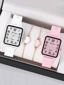 4pcs/Set Fashionable Minimalist Silicone Watch Strap, Women's Square Dial Quartz Watch, Student Casual