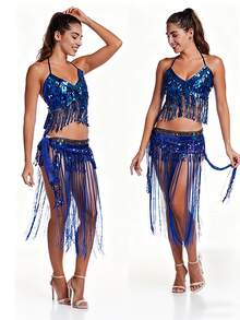 Sequined And Tassel Belly Dance Costume Set, Sexy V-Neck Performance Top + Tassel Hip Scarf Waist Embellishment, Adult Stage Performance Costume (Multiple Colors Available). - Multicolor - View 9