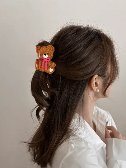 1pc 8.5cm Bowknot Teddy Bear Hair Claw Clip Accessory For Women, Cute Textured Acetate Teddy Bear Claw Hair Clip, Brown Bun Hair Claw Clip, Suitable For Half-Up Or Full-Up Hairstyles, Cute, Vintage, Stylish, Cartoon, K-Fashion, Elegant, Unique, High-End, Sweet, Y2K, Suitable For Daily Use, Parties, Evening Events, Gift Decoration, Travel, Matching Wear, Gift For Girls As A Festival Hair Accessory Fashion Hair Clutch Women Hair Accessories