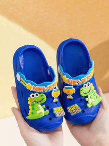 Toddler/Kids Summer Garden Clogs, Unisex Cartoon Dinosaur Thick Sole Slip-On Sandals, Non-Slip Soft Bottom Shoes For Boys & Girls Aged 1-8, Waterproof Round Toe Nursery Slippers - Blue - View 2