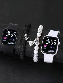 4pcs/Set LED Digital Display Couple Heart-Shaped Square Electronic Watch - Black and White - View 11