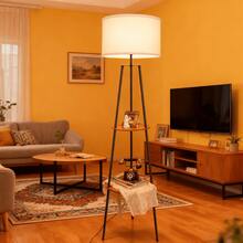 HonoDing Tripod Floor Lamps For Living Room, Mid Century Floor Lamp With Shelf, 62" Standing Lamp Modern Floor Lamp With Beige Linen Texture Shade For Living Room, Bedroom, Office - 查看 3