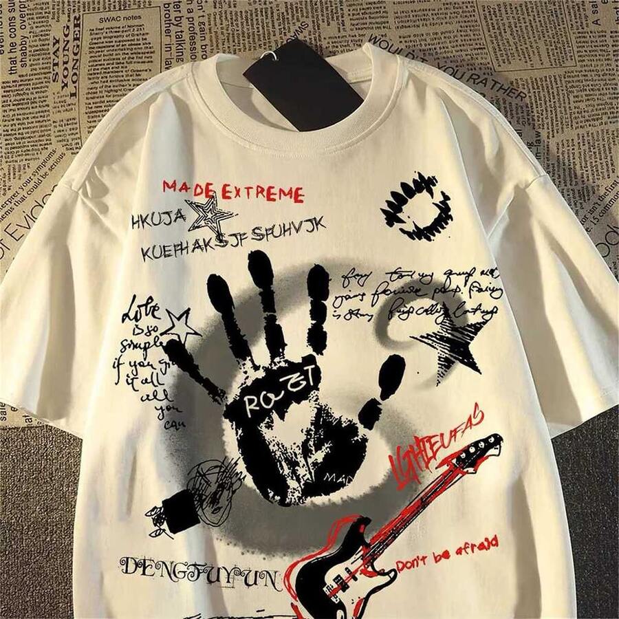 Unisex Black Oversized T-Shirt "Graffiti Rock Hardcore Palm + Guitar Print" Bold Street Style - 白色 - 查看 1