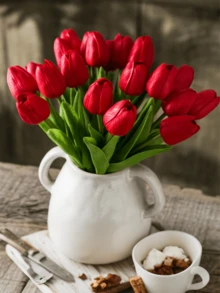 20支仿真红色郁金香，适合作为母亲节礼物、婚礼装饰、家居设计、卧室、客厅、生日派对、情人节装饰。 - 紅色 - 查看 6