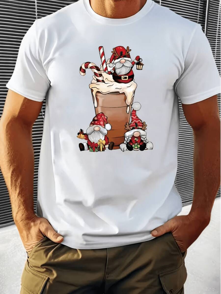 Men'S Black & White Santa Claus & Reindeer Print T-Shirt - Soft Breathable Round Neck Short Sleeve Casual Streetwear Tee With Santa Hat & Reindeer Design - Black - View 1