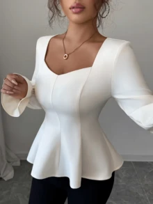 Áo peplum thanh lịch dành cho nữ, cổ tim và tay bồng, thích hợp cho công sở và đi làm, mùa xuân/thu. - trắng - Xem 2