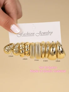 5 对-15 对/套全新不对称造型 ABS 亚克力金色 CCB 轻质耳环套装，适合女性日常穿搭 - 金黃色 - 查看 13