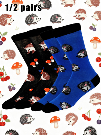 1/2 par Hedgehog-mönstrade mittvadsstrumpor, moderiktiga och unika, lämpliga för män och kvinnor, alla årstider