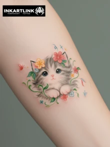 INKARTLINK INKARTINK 可爱毛绒猫咪花卉图案临时纹身贴纸，防水，可佩戴2-5天，彩色水转印假纹身贴纸，小众设计装饰 - 彩色 - 查看 3