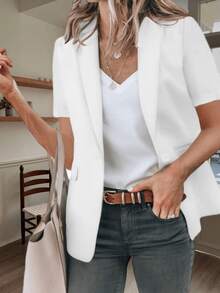 Womens Casual Short Sleeve Blazer Lapel Open Front Work Office Jacket - White - View 2