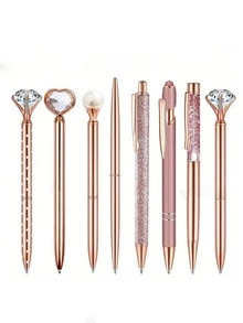 9pcs/Set, 1mm Rose Gold Glitter Pen Set, Sparkling Diamond-Like Ballpoint Pens, Pearl Pens, Suitable As Gifts, For Friends, Students, Wedding Favors, Office/School Supplies [Random Style Shipped]