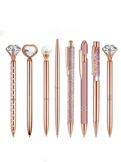 9pcs/Set, 1mm Rose Gold Glitter Pen Set, Sparkling Diamond-Like Ballpoint Pens, Pearl Pens, Suitable As Gifts, For Friends, Students, Wedding Favors, Office/School Supplies [Random Style Shipped]