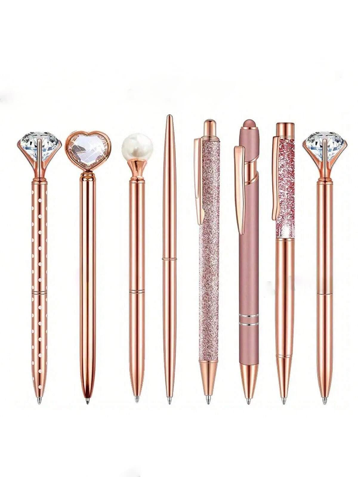 9pcs/Set, 1mm Rose Gold Glitter Pen Set, Sparkling Diamond-Like Ballpoint Pens, Pearl Pens, Suitable As Gifts, For Friends, Students, Wedding Favors, Office/School Supplies [Random Style Shipped]