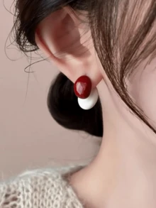 1 par de nuevos pendientes elegantes de dos tonos, diseño minimalista y de lujo adecuado para el uso diario de las mujeres, regalo - Rojo - Ver 2